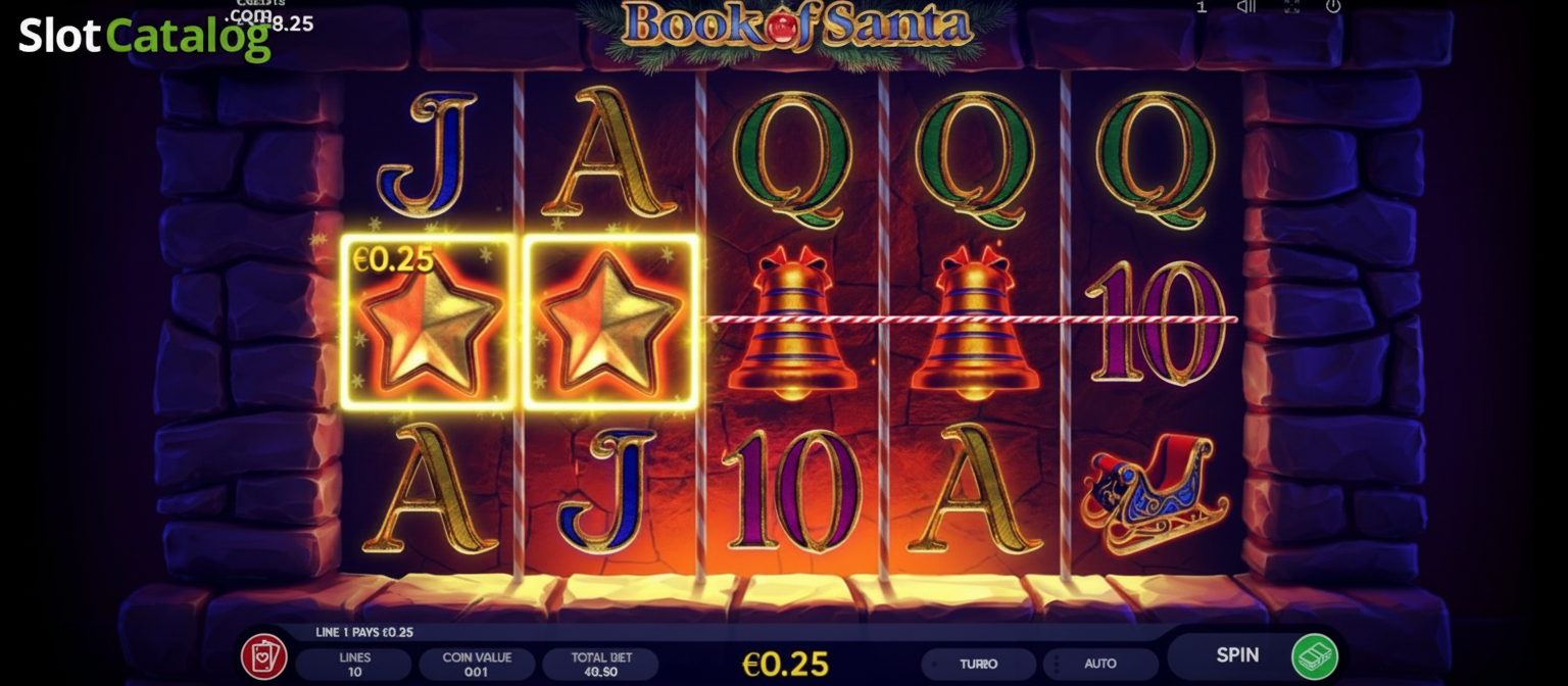 Book of Santa demo slot screen with virtual credits and free spins feature